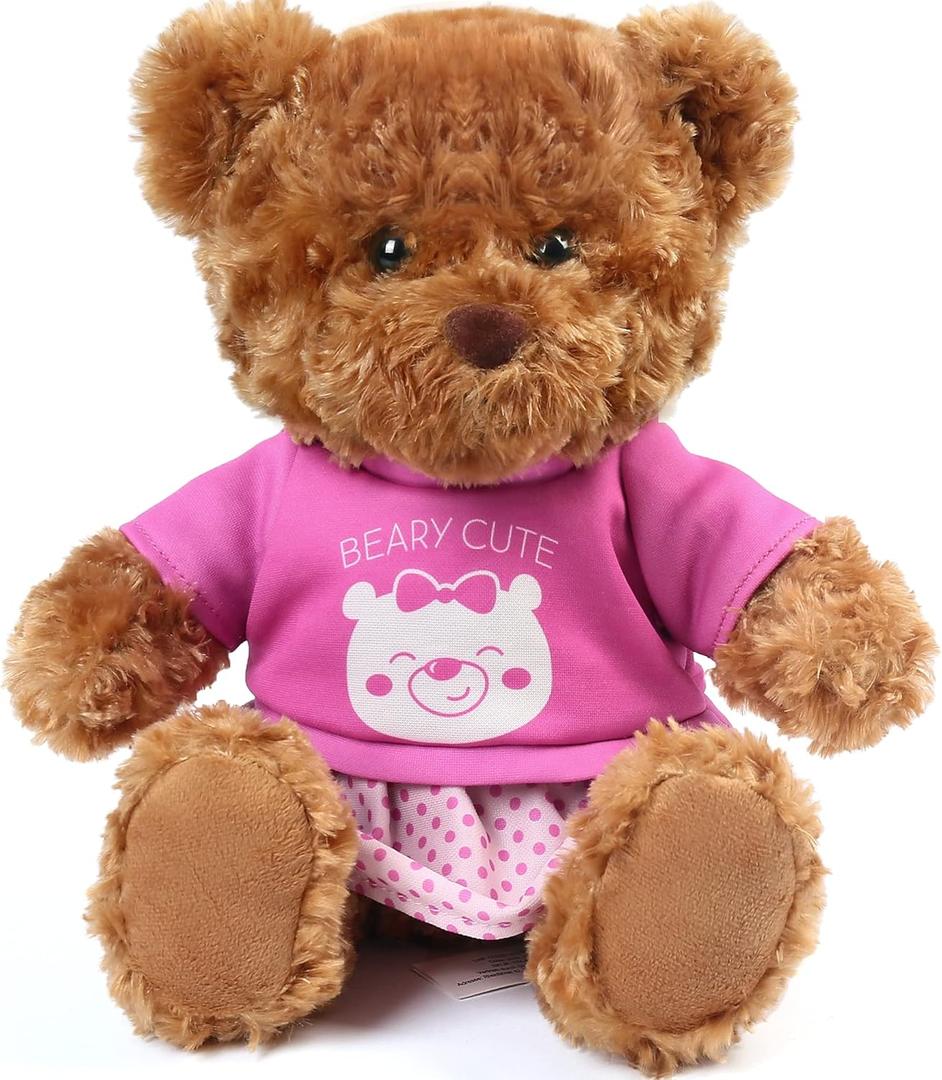 LotFancy Teddy Bear Stuffed Animal, with Removable Clothes, 10 inch Cute Baby Girl Bear Plush, with T-Shirt and Dress, Baby Shower Decoration, Easter Gift Plushies (Pink)