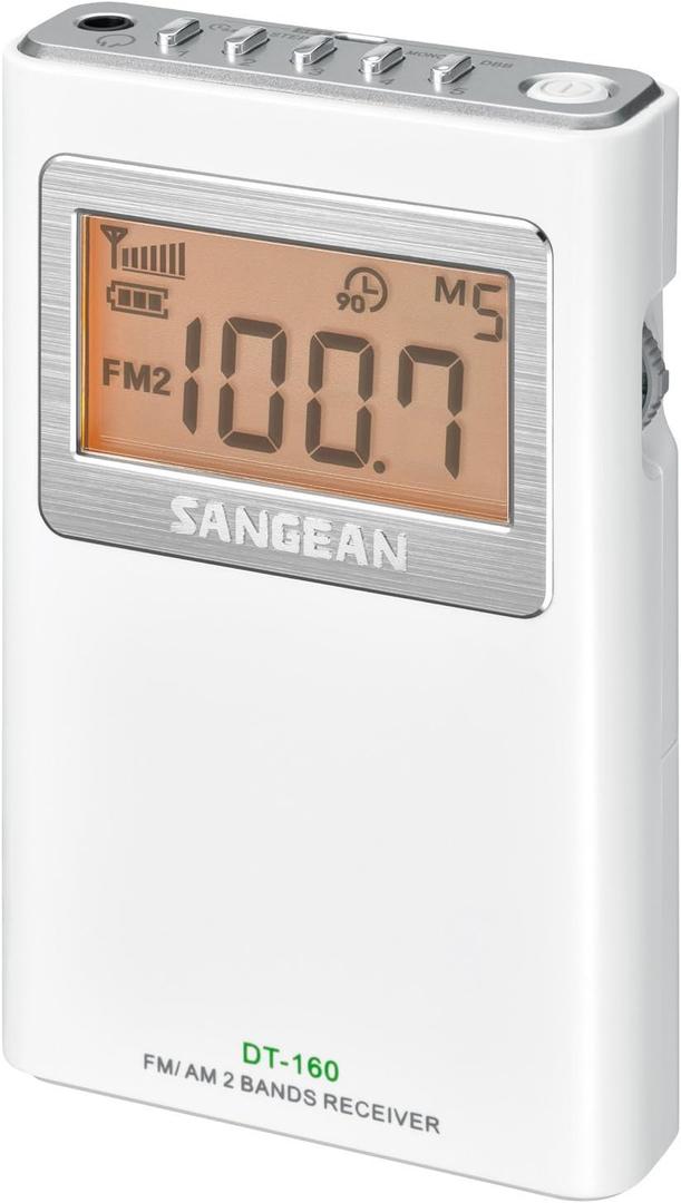 SANGEAN DT-160 AM/FM Stereo Pocket Radio with up to 100 Operating Hours on 2 AA Batteries (White)