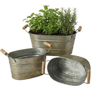vensovo Galvanized Metal Oval Planter Buckets with Handles – Set of 3 Rustic Farmhouse Flower Tubs with Drain Holes & Plugs, Vintage Small Pots for Herbs, Succulents, Wedding or Tabletop Decor