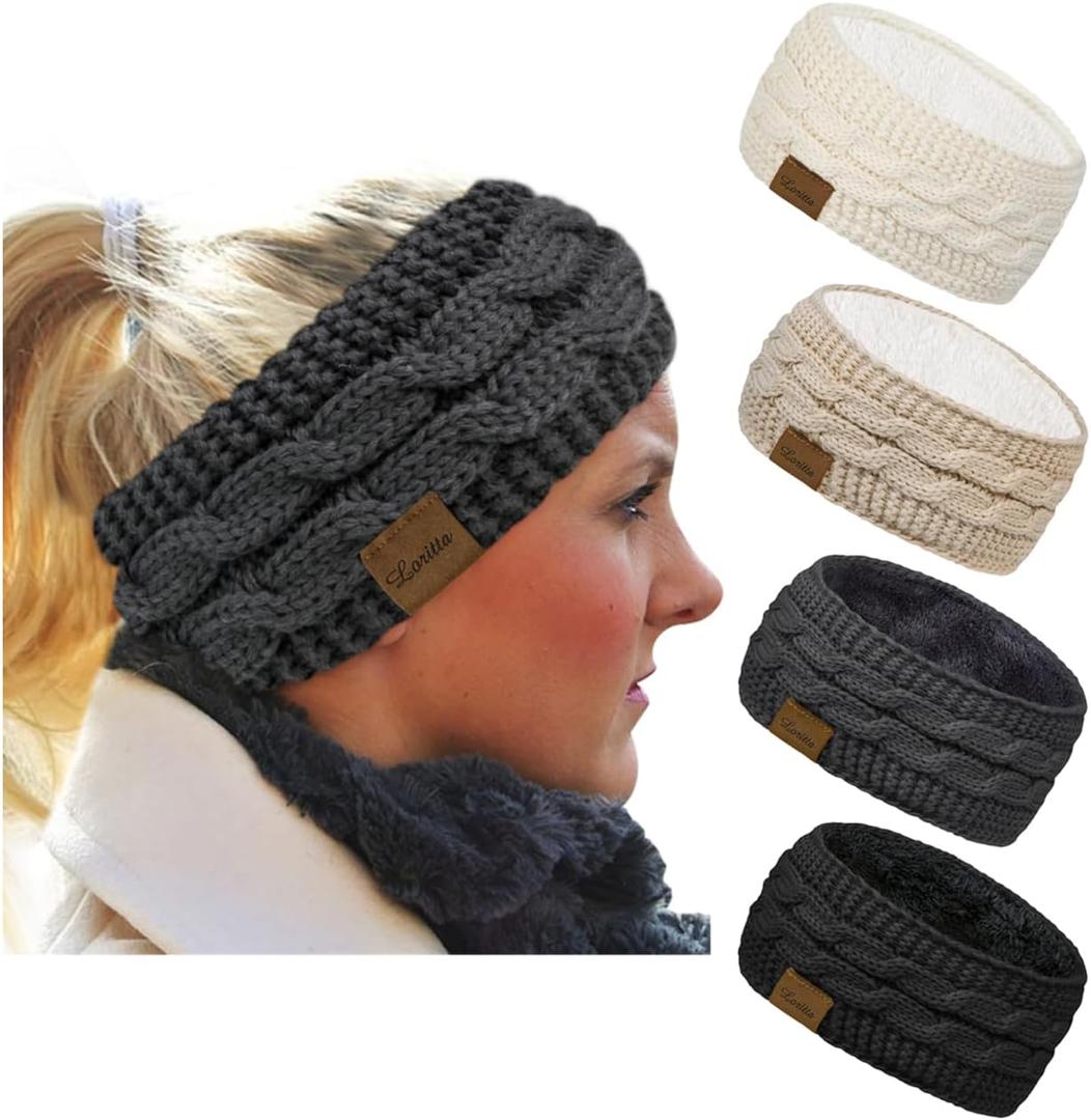 Loritta 4 Pack Womens Winter Headbands Fuzzy Fleece Lined Ear Warmer Cable Knit Thick Warm Crochet Headband Gifts (B Confetti(Black+Dark Gray+White+Beige))