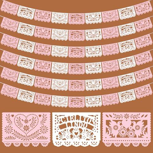 TaoBary 5 Pack Pink and White Papel Picado Baby Shower Party Decorations  Feet Cielito Lindo Baby Shower Party Banners Cinco De Mayo Papel Picado Fiesta Banner for Mexican Wedding Birthday