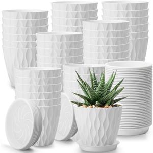 48 Pack 4 Inch Plant Pots Bulk Small Pots for Succulents Waffle Texture Plastic Planter with Drainage Holes and Saucers for Indoor Outdoor Plants Flowers, Seedlings (White)