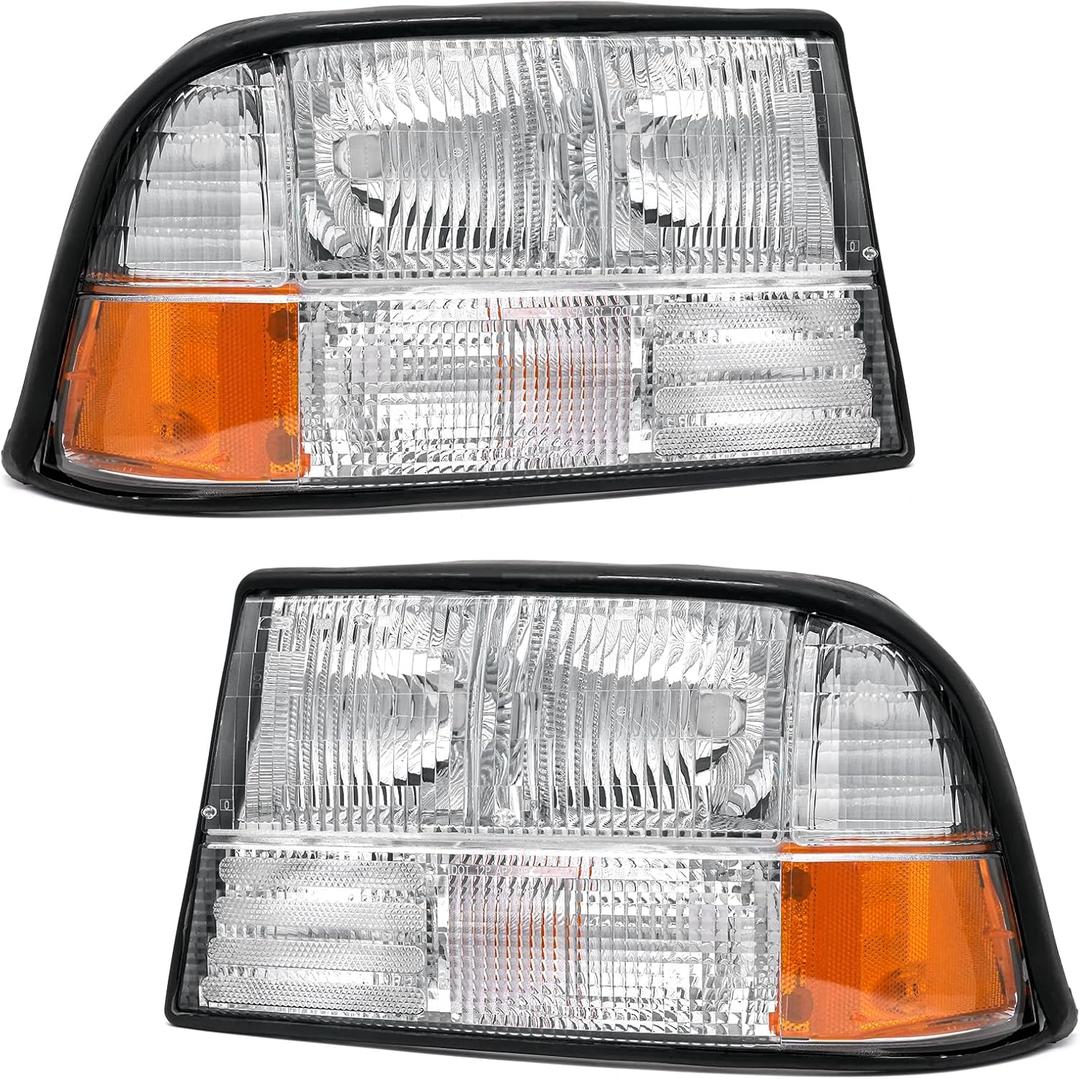 Headlight Assembly for 1998-2004 GMC Sonoma/ 1998-2001 Oldsmobile Bravada/ 1998-2005 GMC Jimmy Chrome Housing Amber Reflector Replacement Pair Chrome Housing Amber Reflector Clear Lens