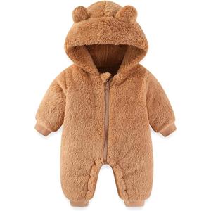 Newborn Baby Bear Outfit Suit Girls Boys Fleece Jumpsuit Romper Hooded Winter Snowsuit Clothes (6-9 Months, Brown)