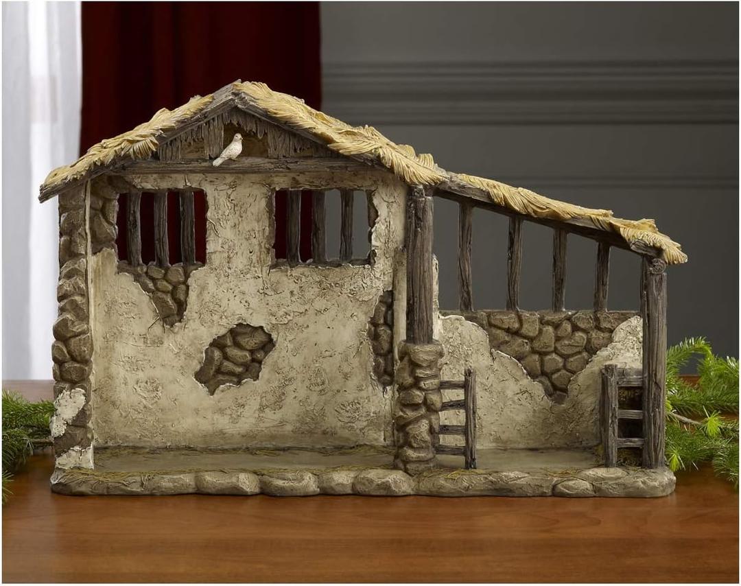 Three Kings Gifts Lighted Stable, Creche, Flat Bottom for Stability, Home Decorating Nativity Scene Set & Figures Shelter with White Dove, for 7 inch Scale Collection
