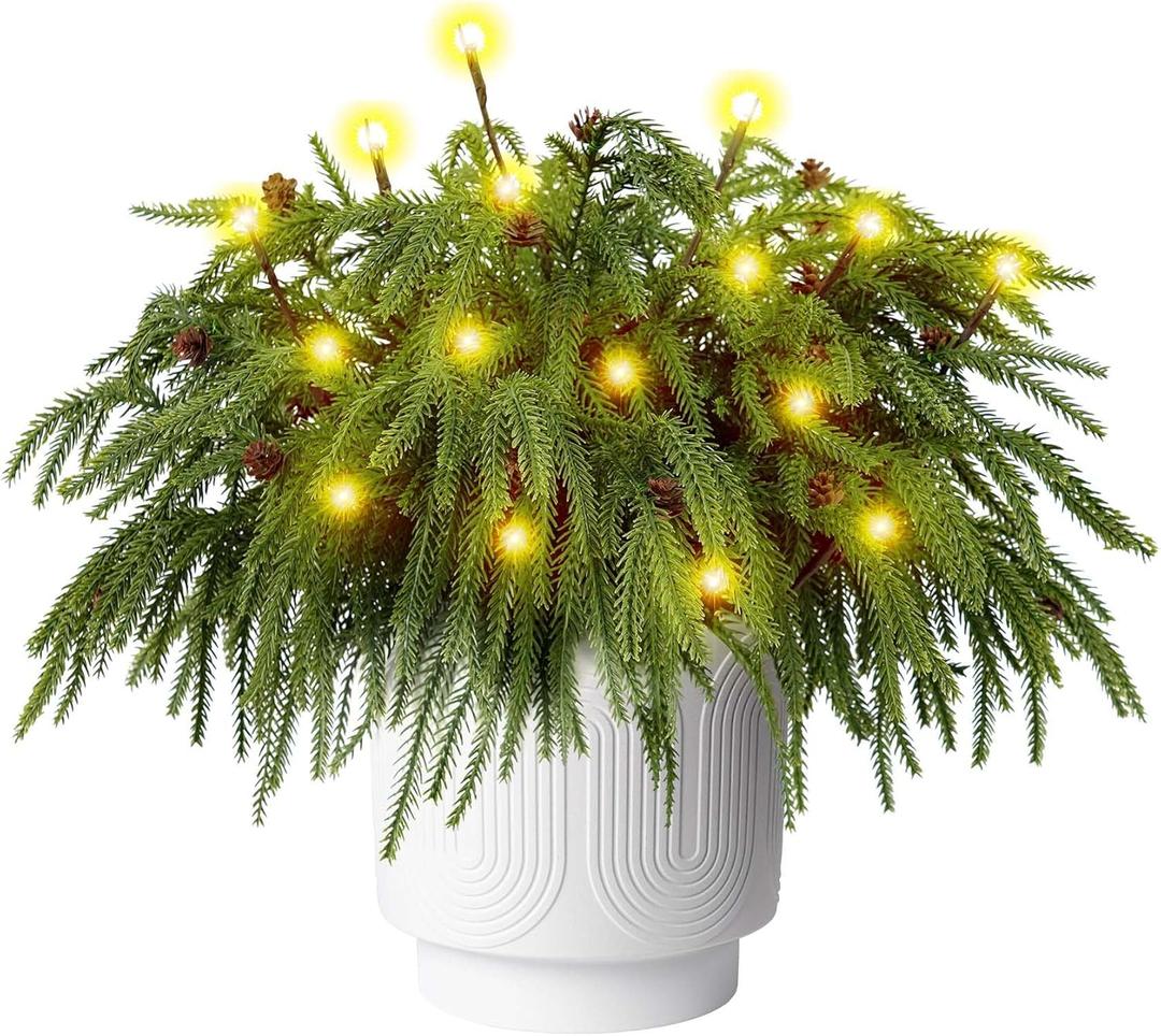 12 Pcs Christmas Norfolk Pine Branches with Branch Lights - 18" Norfolk Pine Artificial Xmas Branches with Pine Cones, Norfolk Pine Stems for DIY Crafts Garland Wreath Xmas Indoor Outdoor Home Decor