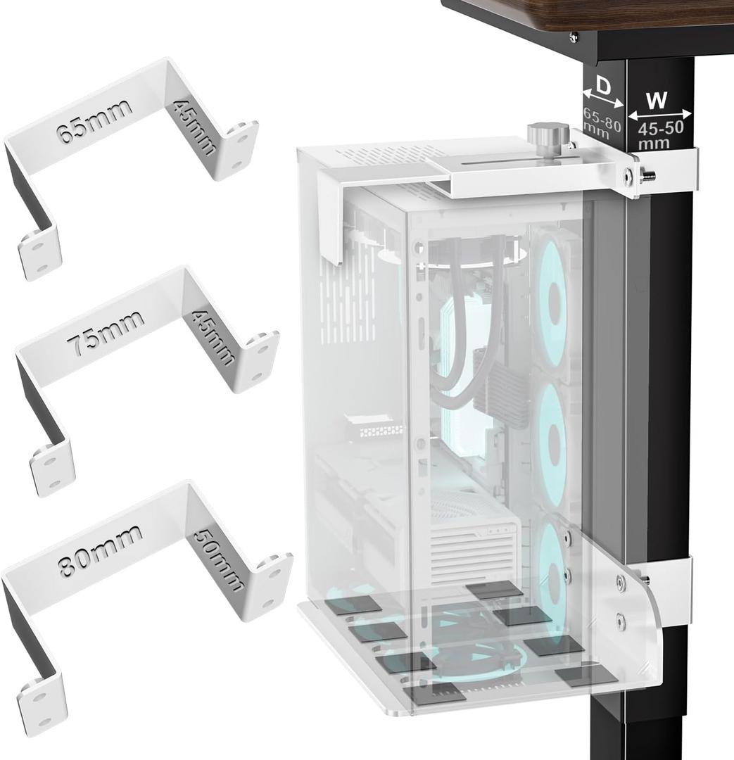 Under Desk PC Mount - No Drilling 40 lb Capacity, Fits 3 Fixed Desk Leg Sizes, CPU Holder Under Desk, Adjustable Clamp-on Desk Leg PC Mount for Standing Desk, with Non-Slip Pads, White