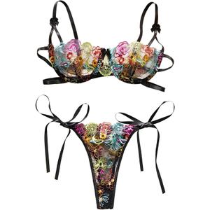 Lilosy Sexy Tie Side Cute Underwire Push Up Strappy Embroidered Mesh Sheer Lingerie Set (Small, Bow Multicolor Black)