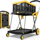 Collapsible Shopping Cart with Wheels, 200 lbs Capacity Grocery Cart on Wheels with Storage Crate, Platform Hand Truck with Foot Brake, Yellow