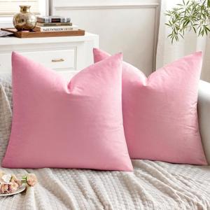 EMEMA Pack of 2 Velvet Throw Pillow Covers Decorative Square Pillowcase Soft Solid Cushion Case for Sofa Bedroom Chair Car 18x18 Inch Bright Pink