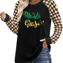 Mardi Gras Shirts for Women: Tuesday Long Sleeve Tshirt Carnival Graphic Tees Tops Funny Holiday Parade Outfits Black B