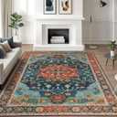 WILLSUN Washable Area Rugs, 5x7 Non-Slip Boho Large Area Rugs for Living Room, Bedroom, Machine Washable Vintage Rug, Indoor Floral Print Carpet for Home Decor, Kid & Pet Friendly Mat