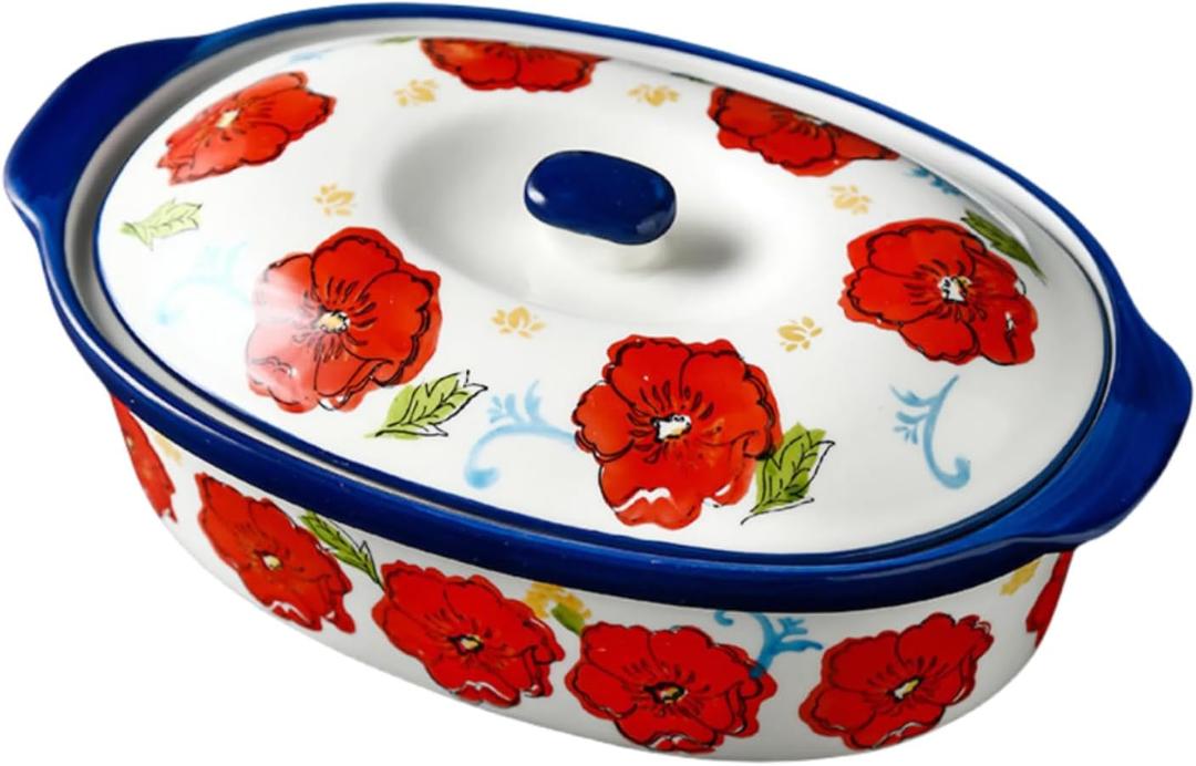 Floral Ceramic Casserole Dish with Lid,44oz Covered Rectangular Baking Dish,Deep Casserole Cookware Bakeware,Oven Safe and Dishwash Safe,for 1-2 People