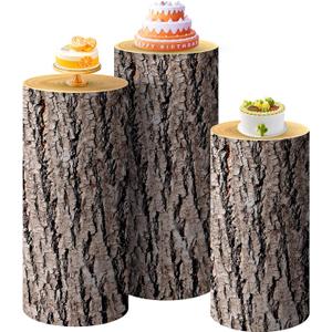 SaitiMade Set of 3 - Wood Cylinder Pedestal Stand Covers, Spandex Wooden Texture Cylinder Stand Covers for Party, Wedding or Birthday Event Decor - Only Contains Cylinder Covers