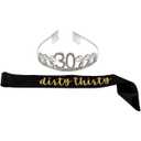 Blue Panda Happy Birthday Tiara and Sash Set - Rhinestone Queen Tiara with Dirty Thirty Satin Sash Decoration for 30th Birthday