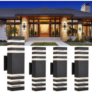 DASTOR 4 Pack Modern Outdoor Wall Lights, 15.1'' Up and Down Porch Lights, 14W 3000K Warm White Exterior Sconce Lighting Fixtures for House Garage, 3 Layer-4 Packs