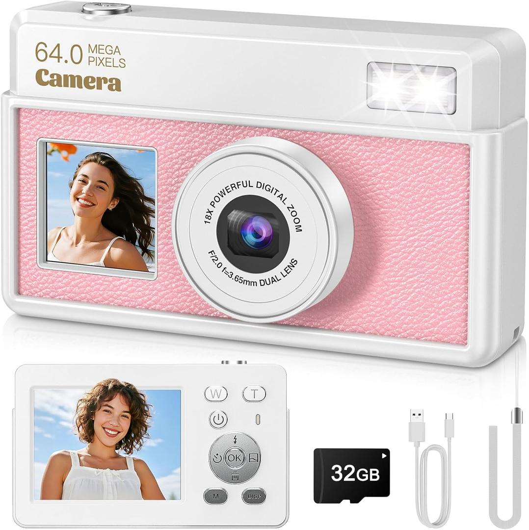 4K UHD Digital Camera, 64MP Autofocus Camera with 32GB SD Card, Mini Vintage Digital Camera with 2.8" Large Screen and 18X Digital Zoom, Cameras for Photography, Suitable for Kids, Adults, Beginners (White and Pink)