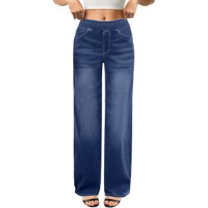 COPYLEAF Wide Leg Jeans Woman High Waisted Stretchy Baggy Sweatpant Jeans Pull On Straight Leg Loose Trendy Denim Pants (Blue, L)