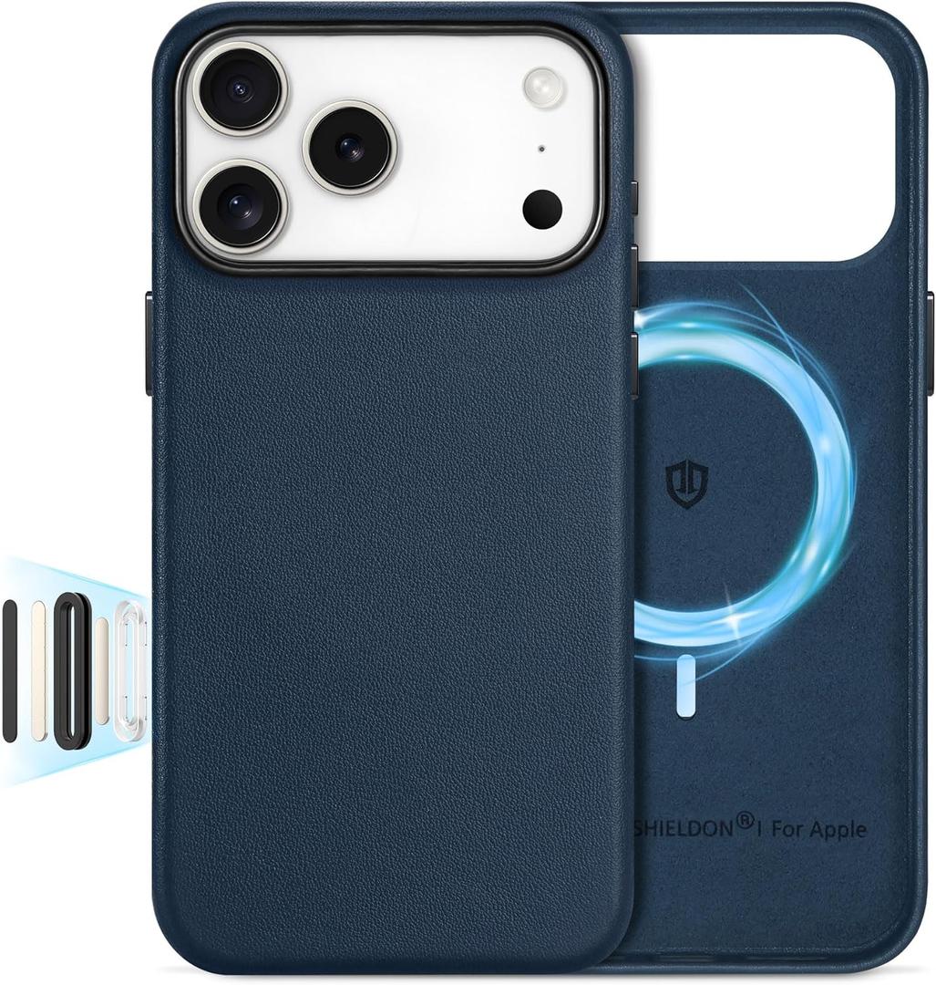 SHIELDON Genuine Leather Case for iPhone 17 Pro Max 6.9" 2025, [Camera Button Updated], Compatible with Magsafe, Magnetic Wireless Charging, Slim Fit, Non-Slip, Anti-Scratch, Shockproof - Navy Blue
