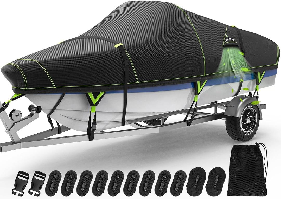 UIRWAY 1200D Heavy Duty Waterproof V-Hull Boat Cover, 22-24ft Trailerable with Night Safety Reflective Strips, UV Resistant Marine Grade for Bass Boat, Runabout, Tri-Hull, Fish & Ski, Bowrider - Black