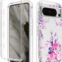 Sidande for Pixel 8 Pro Case, Google 8Pro Case with Tempered Glass Screen Protector, Full Body Clear Floral TPU Slim Phone Protective Armor Cover for Google Pixel 8 Pro Rose Flower
