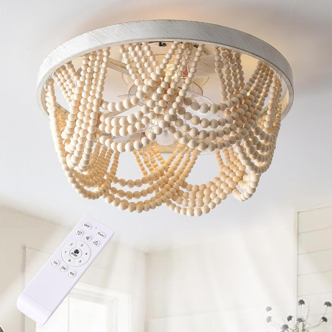 Boho Wood Beaded Ceiling Fan with Light and Remote, 20 Inch Low Profile Flush Mount Retro Fan Lights Fixture,6-Speed Reversible DC Motor E26 Base Fandelier for Living Room Bedroom Kitchen