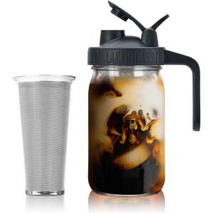 Jrssae Cold Brew Coffee Maker - 32oz Cold Brew Pitcher with Stainless Steel Super Dense Filter Easy of Use, Durable & Sturdy Classic BPA Free Sturdy Mason jar Pitcher with Black Lid Easy to Clean