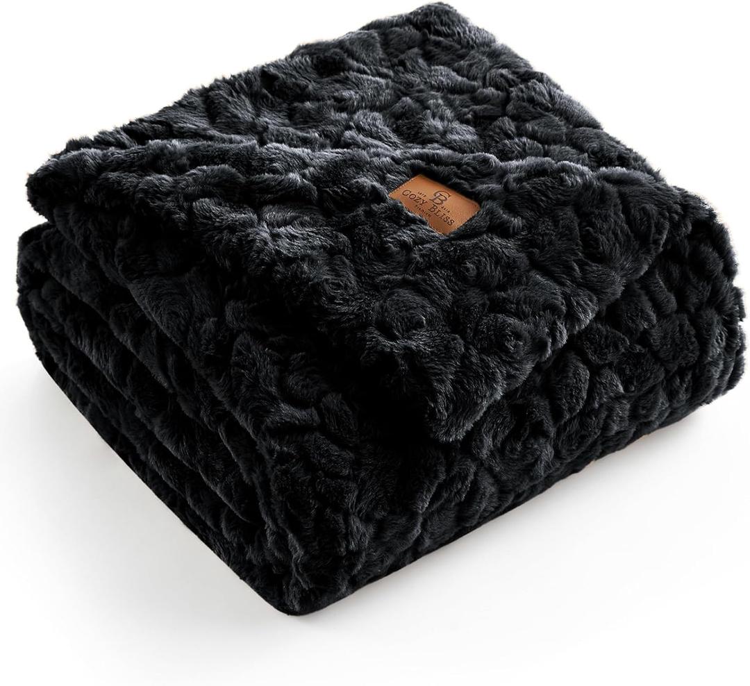 Cozy Bliss Faux Fur Throw Blanket for Couch, Fuzzy Soft Plush Thick Warm Fluffy Reversible Wave Textured Blanket for Sofa Bedroom Living Room, 55 * 70 Inches Black