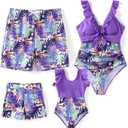 PATPAT Family Matching Swimwear Set: Floral Print Sleeveless Ruffled One Piece Bathing Suits (4-5T, Fuchsia Purple)