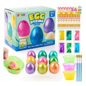 JOYIN 34 PCS Easter Shiny Egg Dye Decoration DIY Kit Multicolor Liquid Dyes with Brushes, DIY Egg Coloring Set for Kids Easter Activities, Theme Party, Hunt Fun.