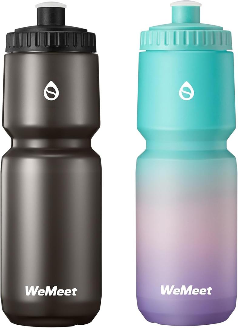 WEMEET Lightweight Cycling Water Bottle 2-Pack, Fits Most Bike Cages, Squeeze Water Bottle for Cycling, Running, Fitness(Black & Green Pink Purple, 32oz)