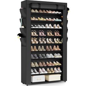 Mavivegue Shoe Rack with Cover, 10+1 Tier Tall Shoe Storage for 50-55 Pairs of Shoes, Shoe Organizer for Entryway, Closet, 10-Tier-Large