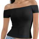 SUUKSESS Women Double Lined Off The Shoulder Tops Fitted Going Out Basic Shirts (Large, Jet Black)
