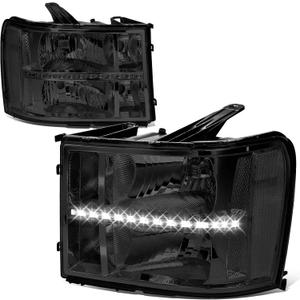 Auto Dynasty LED DRL Headlights Assembly Compatible with GMC Sierra 1500 2500 3500 2007-2014, Driver and Passenger Side, Smoked Lens Clear Corner (LED Strip, Smoked / Clear)