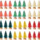 Artificial Mini Christmas Trees Bottle Brush Trees Snow Frosted Trees with Wood Base Plastic Tabletop Trees Ornaments for Christmas DIY Crafting Home Decor, 1.8 Inch, 6 Colors (48 Pcs)