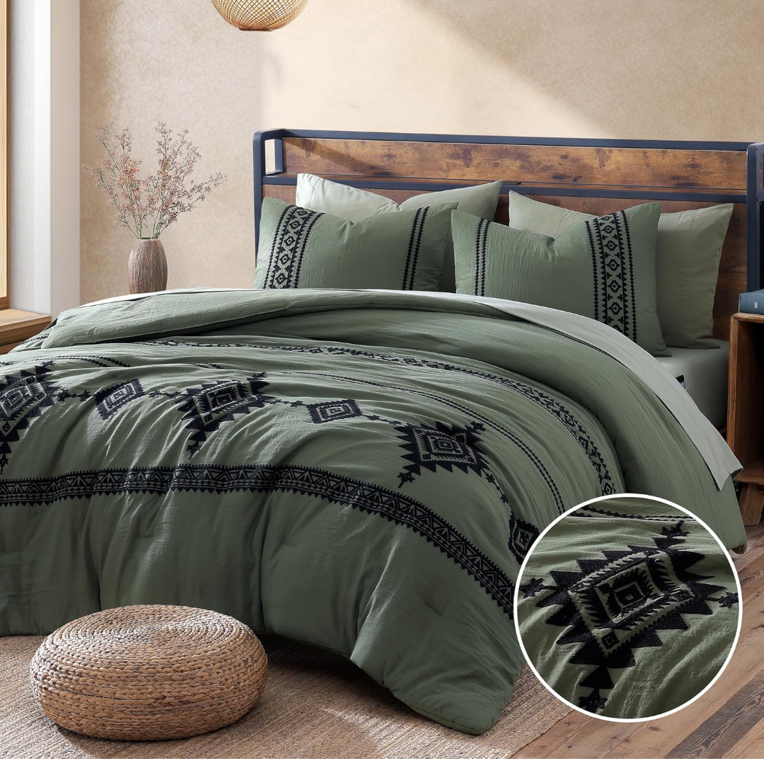 MaiRêve Embroidery Comforter Set, Boho Farmhouse Western Bedding Set, All Season Bed in A Bag Comforter Set with Sheets, Pillowcases & Shams, Olive Green Queen 7 Pieces