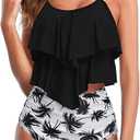 Womens Tankini Swimsuits Ruffled Tank Top Tummy Control Floral Modest Swimwear High Waisted Bikini L Black Tree