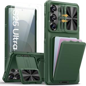 SSLOTSCASE for Samsung Galaxy S25 Ultra Case with 2X Screen Protector, Card Holder & Camera Cover Stand & Slide Lens Cover, Multifunctional Rugged Wallet Phone Cover for Galaxy S25 Ultra, Green