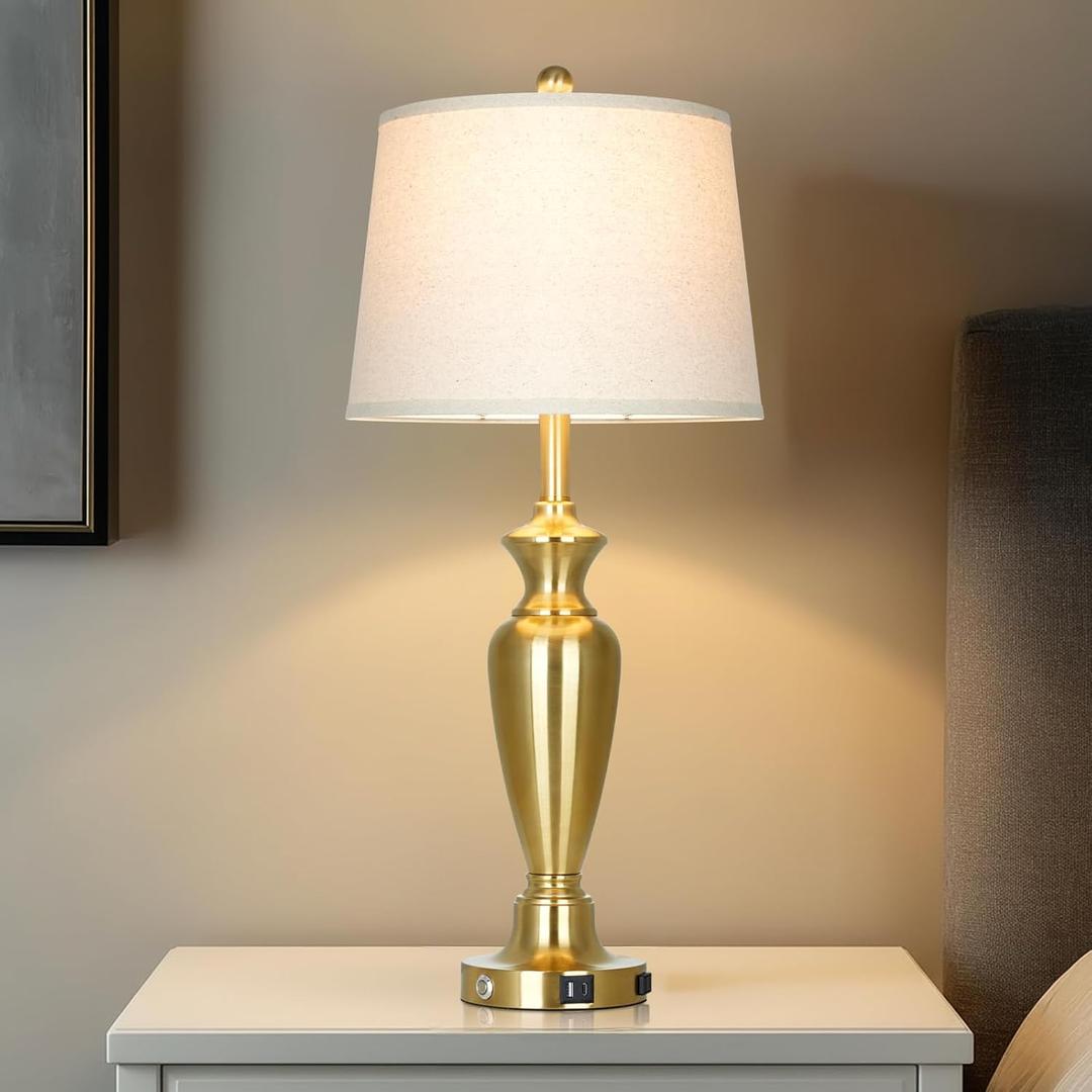 Gold Table Lamp for Living Room Single, 30 Tall Touch Control Bedside Lamp for Nightstand, 3-Way Dimmable Bedroom Lamp with USB A+C Ports and AC Outlet (1 Pack)