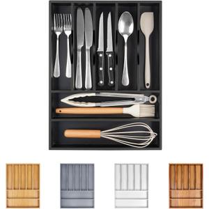 Bellsal Bamboo Silverware Drawer Organizer, Utensil Kitchen Drawer Organizer, Utensil Holder Cutlery Tray with Grooved Drawer Dividers for Kitchen Utensils and Flatware Bedroom Office (7 Slot, Black)