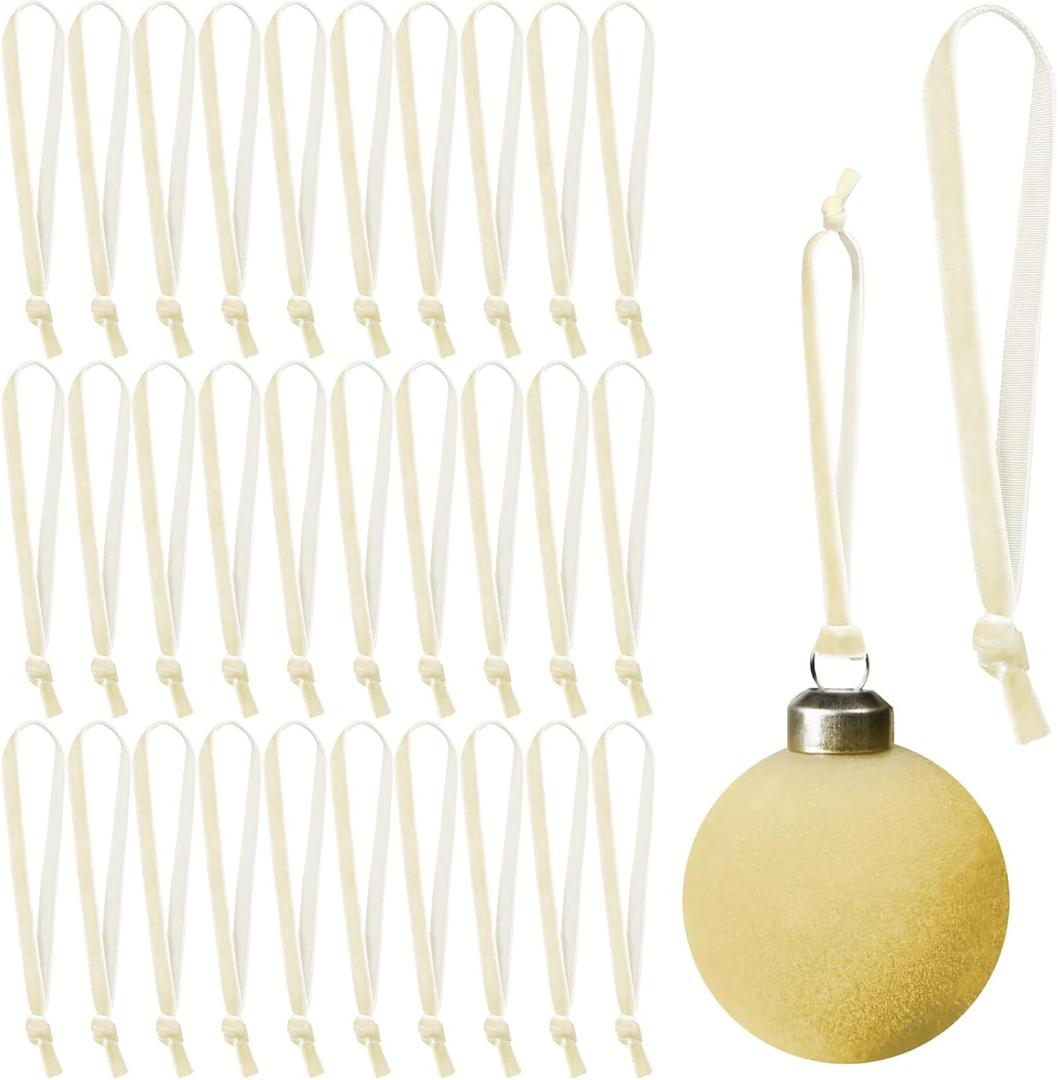 100 Pcs Christmas Hangers Ribbons 12" Velvet Christmas Tree Hanging Strings Ornament Ribbon Strap Loops Velvet Ribbon Hangers for Garland Decoration (Champagne)