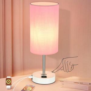 Table Lamp with USB Port - Desk Lamp Touch Lamp Bedside Lamps for Bedroom, 3 Way Dimmable Small Lamps for Living Room, Nightstand, Nursery, Dorm, Home, Office, White Base+ Pink Lampshade