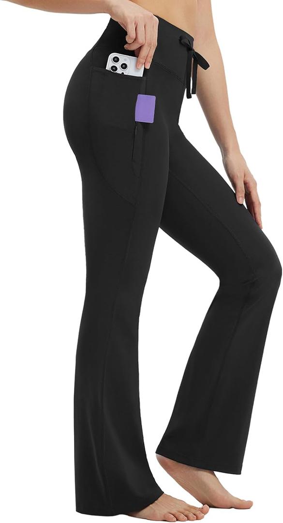 baleaf Womens Flare Leggings with Zipper Pockets Drawstring Flared Yoga Pants Bell Bottom Leggings Tummy Control (S)