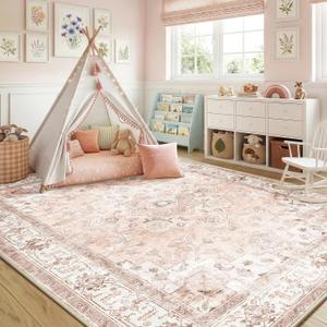 CAPALOCA Machine Washable Rugs Nursery Rug 6x9 Cute Girl Non Slip Low Pile Water Repellent Soft Print Pattern for Bedroom Indoor Decor Kids Playroom Pink