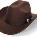 Classic Black Western Felt Roll Up Brim Cowboy and Cowgirl Hat for Women and Men - Decoration with Western Belt Bukle (7-7 1/4, Brown With Carved)