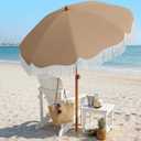 AreShark 7ft Patio Umbrella with Fringe, UPF50+ Beach Umbrella for Table, Pool & Garden, Portable Outdoor Tassels Umbrella w/Fiberglass Ribs&Push Bottom Tilt(Beige)
