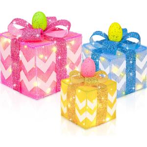 Timer & 8 Mode 3 Pack Easter Decorations, Pink Blue Yellow Easter Lighted Gift Boxes with Eggs Glitter Bow 60 LED Battery Operated Present Box, Easter Decor Spring Party Indoor Outdoor Home