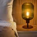 Mid Century Glass Table Lamp,Dimmable Desk Lamp,LED Bulb Included,Timer Build-In,Green Ribbed Glass