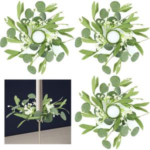 4 PCS Eucalyptus Taper Candle Rings Wreaths 1.38" Mini Spring Summer Floral Taper Candle Holder Wreaths Green Artificial Flower Table Centerpieces Wreath for Church Farmhouse Home Candlesticks Decor