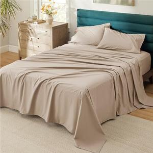 Bedsure 100% Cotton Percale Sheets Standart Size, Sheet Set with Deep Pocket Up to 16 Inches, Breathable & Crirsp Soft, Bedsheet & Pillowcase Sets, 4 Pieces, Taupe